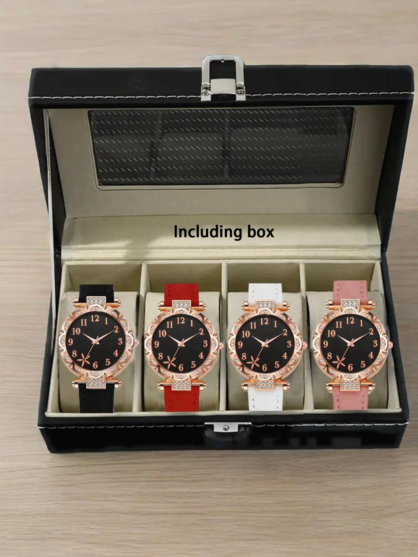 Fashion Diamond encrusted Women's Quartz Watch Rose Gold Case Multi color Optional Belt Watch Set