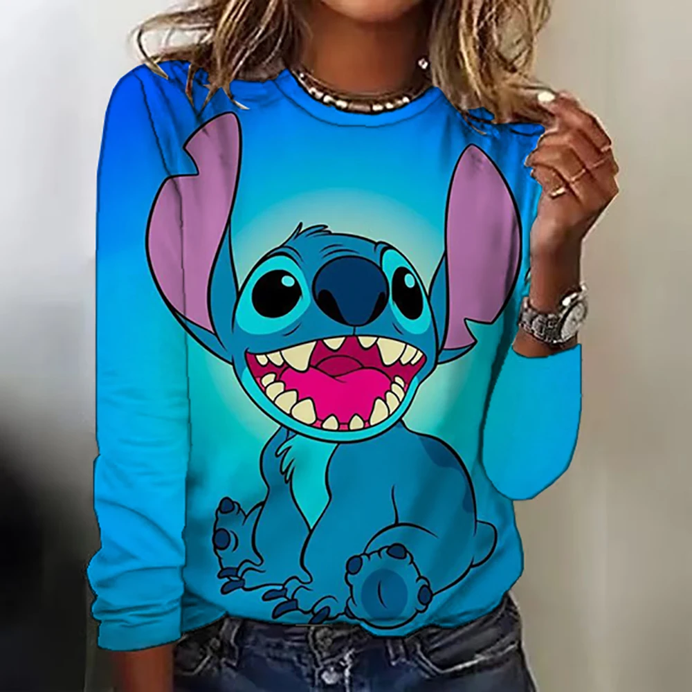 Mickey Mouse Stitch Print T-shirts Tops for Women Lady Autumn Children T-shirts Casual O-neck Ohana Stitch Disney T-shirts