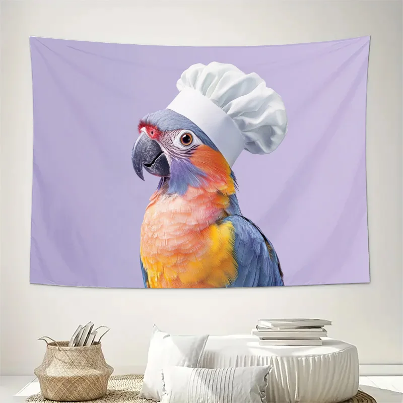 Vibrant Macaw Parrot Chef Illustration Tapestry Wall Decor Print Tropical Bird Art Funny Kitchen Living Room Bedroom Hanging Can