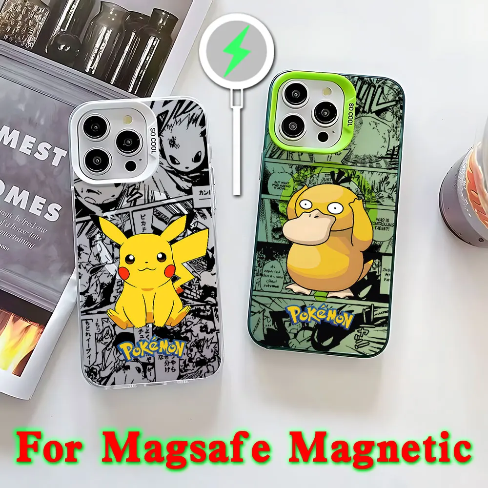 Anime Psyducks Pikachus Pokemens Magsafe Magnetic Phone Case for IPhone 11 12 13 14 15 16 Pro Max Plus Silver Plated Cover
