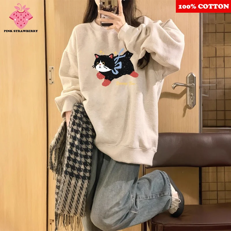 

Cute Cow Cat Print Sweatshirt Women Autumn 2025 New 100% Cotton Oversize O-Neck Plush Hoodie Pullover Y2K Tops kawaii clothes