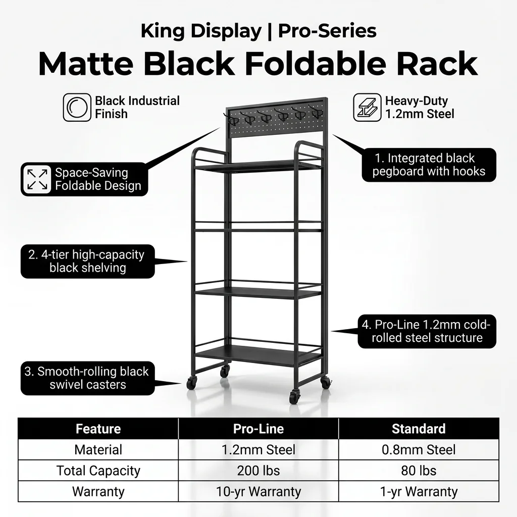 Custom 2026 Trending Heavy Duty Metal Matte Black Foldable Rack Pegboard 4-Tier Space-saving Modular Retail Display Stand Factor