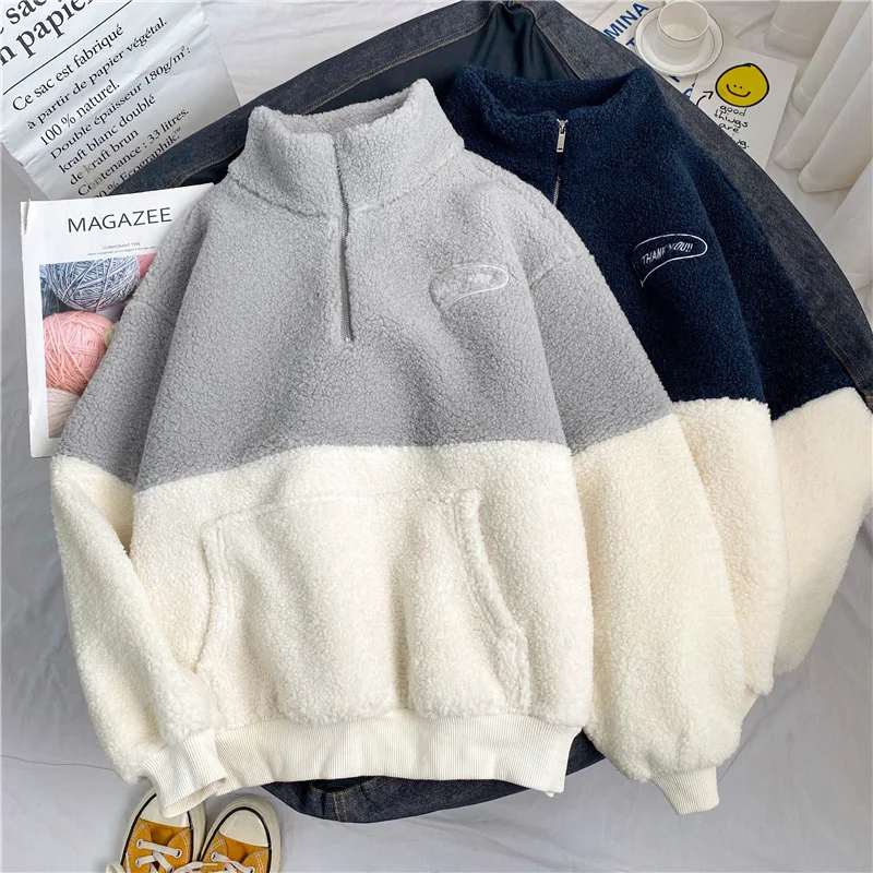 Zipper Half High Collar Plush Thickened Lamb Fleece Sweatshirts Women Autumn and Winter Warm Coat Preppy Style Woman Clothing