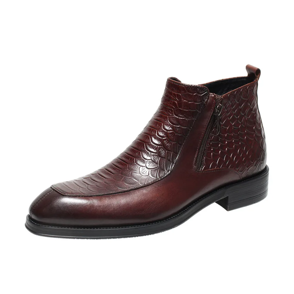 European American Double Zipper Crocodile Embossed Genuine Leather Mid Top Casual Knight Boots for Men