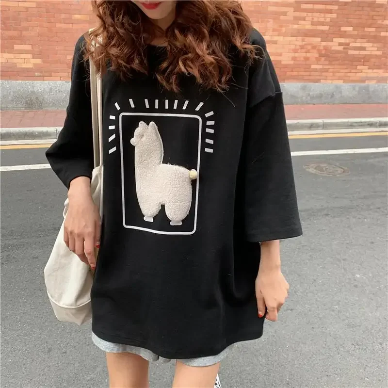 QNPQYX Women\'s Cartoon Alpaca Animal Printed T Shirts Casual Loose Oversize Korean Style Summer Short Sleeve Top Female T-shirts