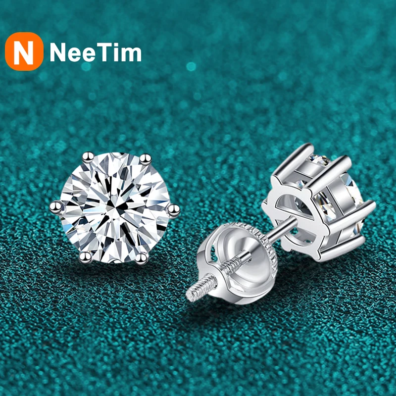 

NeeTim 2ct Moissanite Earrings For Women Men Lab Diamond White Gold Plated 925 Sterling Silver Stud Earring Luxury Fine Jewelry