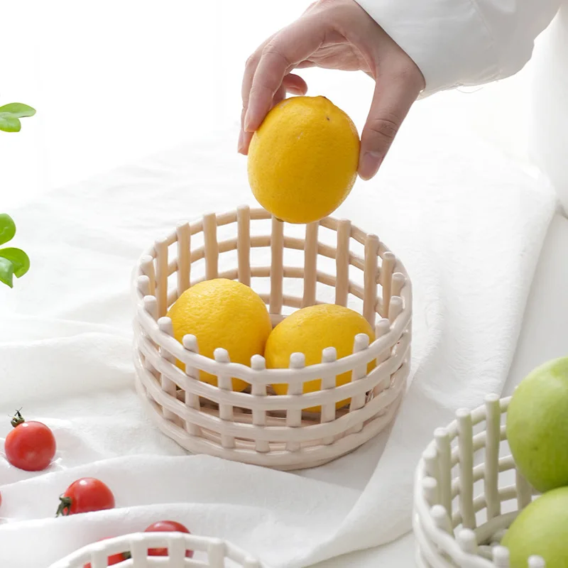 Ceramic Woven Storage Basket Fruit Bowl Kitchen Bathroom Drain Rack Decorative Basket Home Living Room Snack Plate