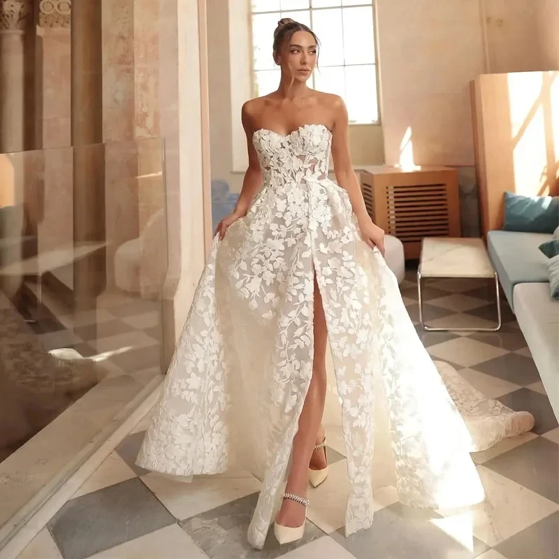 

New A Line Wedding Dress Sweethart Full Lace Sleeveless Side Slit Bridal Dresses Boho Bride Gown vestidos de novia