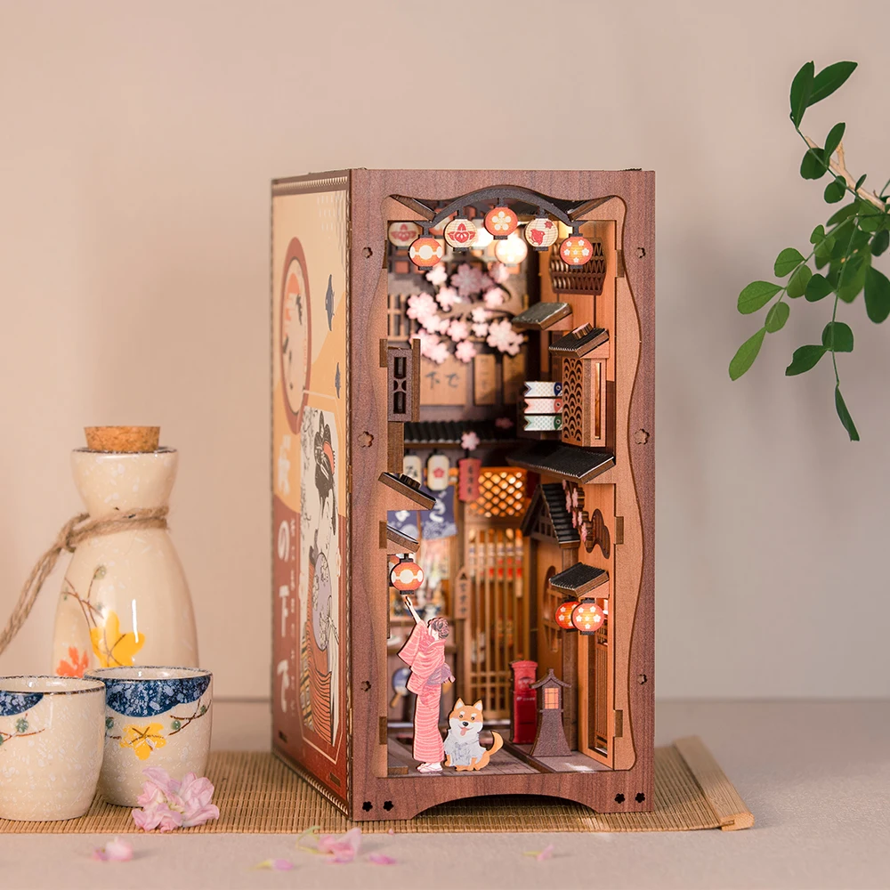 CUTEBEE DIY 3D-Buchecke, lasergeschnittenes japanisches Sakura-Puppenhaus mit Touch-Licht, Sammler-Miniatur-Bücherregaleinsatz für Erwachsene