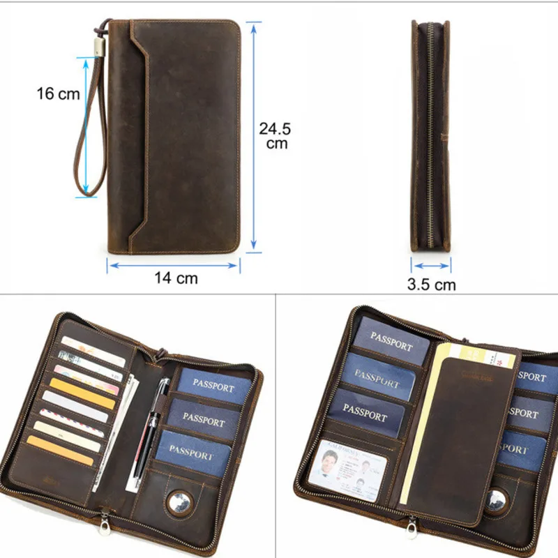 British Style Top Layer Cowhide Anti Theft Brush Travel Clip  Multi Functional Genuine Leather Wallet Female Family Passport Bag