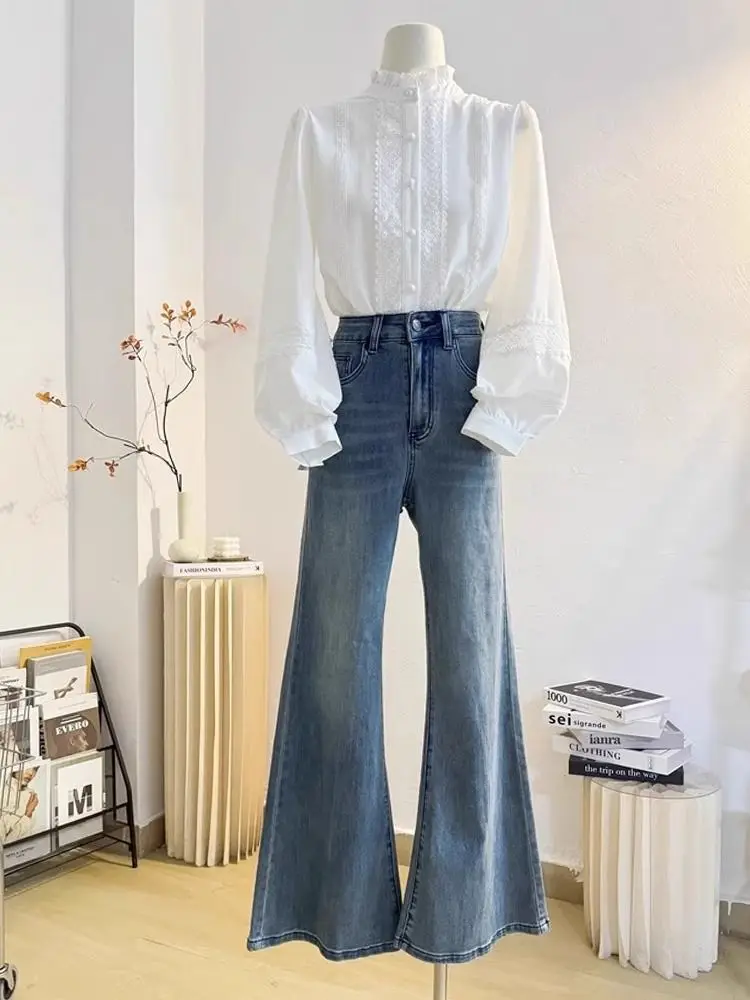 

2025 Blusas Mujer Stand Neck Ruffles Long Sleeve Blouse Women Clothing White Tops Fashion Lantern Sleeve Sweet Shirts E11351
