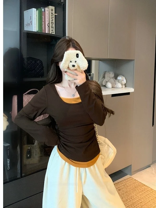 

Женская футболка больших размеров Pure Desire Color Block, облегающая, базовый слой, осенняя новинка, с высокой талией, дизайн под двухслойность