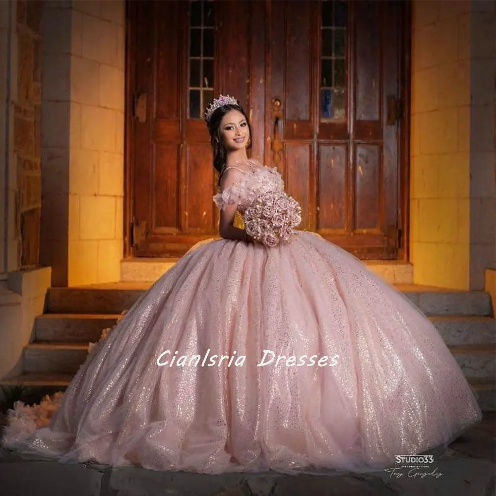 Vestido De quinceañera rosa con apliques De flores en 3D, vestido De baile sin hombros, corsé De cristal brillante, corsé, Vestidos De XV Años