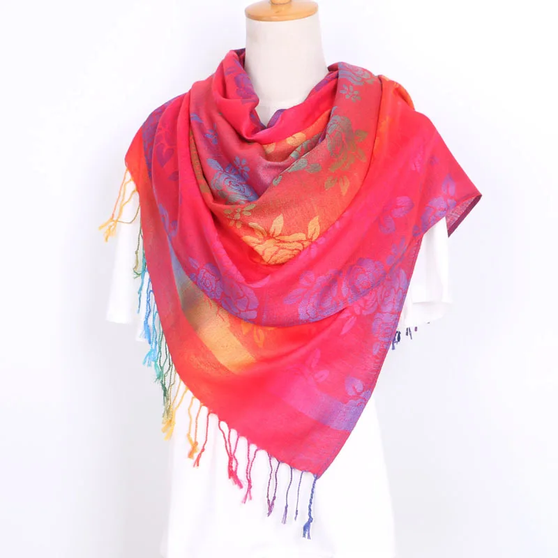 

Шарф из пашмины, шали Rave, богемная роза, женский бохо, Радуга, роскошный жаккардовый шарф, осень и зима, длинная кисточка, Bufanda Mujer