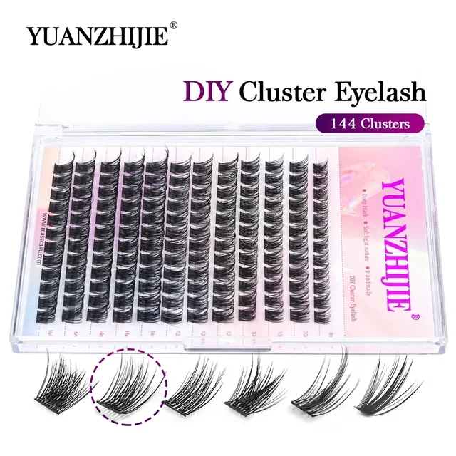 DIY 144 klastry rzęs YUANZHIJIE uwalnia statek segmentowana wiązka naturalne C/D Curl indywidualne rzęsy z norek materiały do ​​makijażu w domu