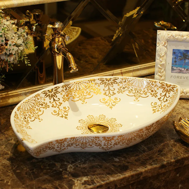 

Oval shape chinese washbasin sink Art Counter Top ceramic bathroom sink ceramic sink hand gold pattern wash basin