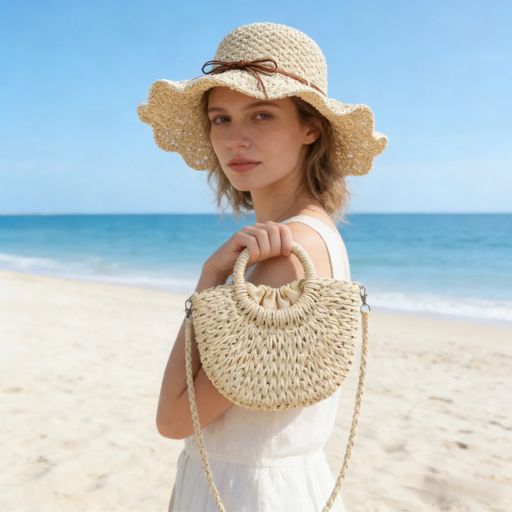 2 Piezas de Bolsos de Paja y Sombrero de Paja para Mujer, Bolso de Mano de Papel Tejido a Mano, Sombrero para el Sol, Bolso Bandolera Bohemio de Playa, Bolso de Hombro para Vacaciones