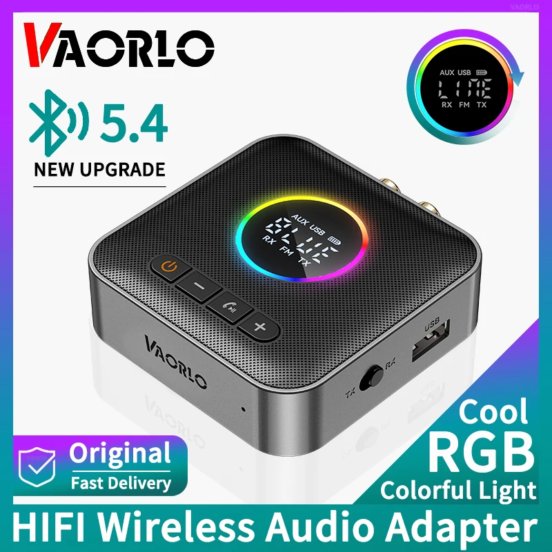 4-in-1 RGB Colorful Lights Bluetooth 5.4 Audio Receiver Transmitter FM USB 3.5MM AUX RCA HIFI Music LED Display Wireless Adapter