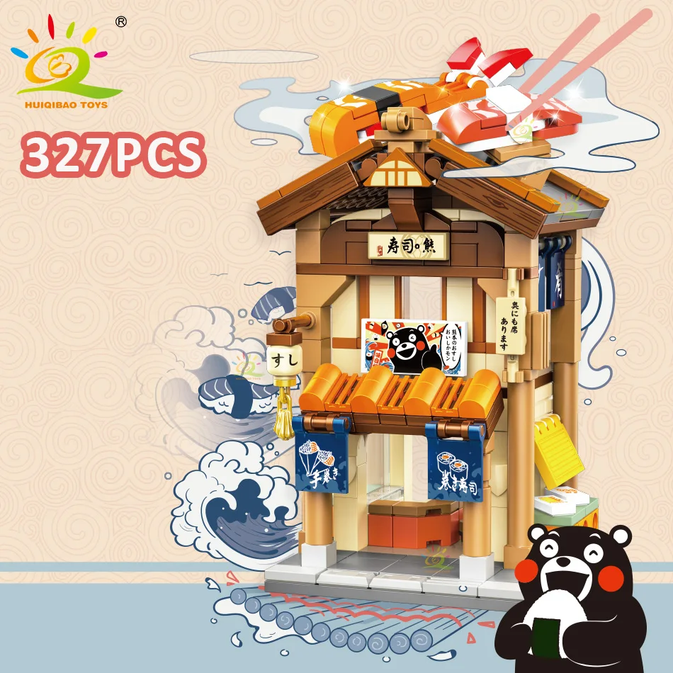 HUIQIBAO City Mini Japanese Street View Noodles House Model Building Blocks DIY Hot Spring Sushi Shop Bricks Toys for Children