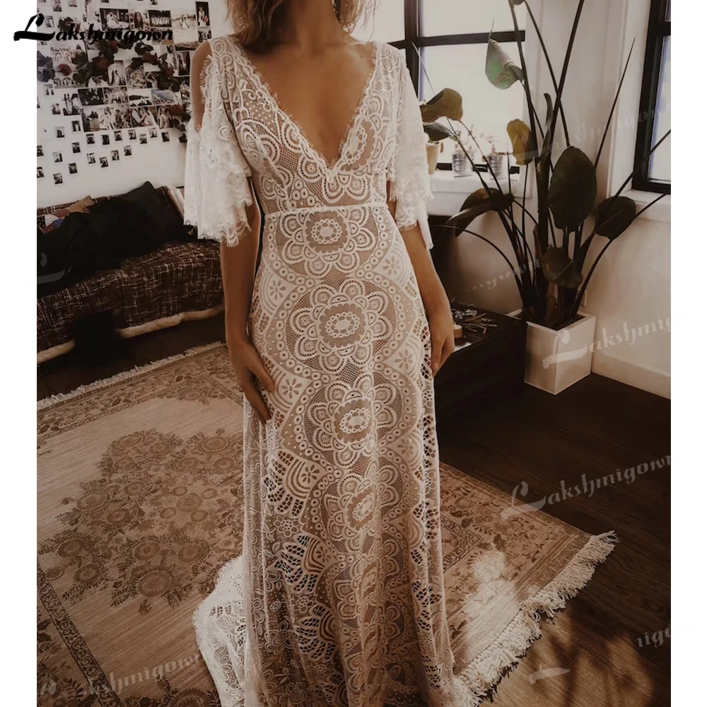 

Bohemian Elopement Wedding Dress Unique Vintage Lace Dress Handmade Bridal Gown Off Shoulder Dress vestido de noiva simples