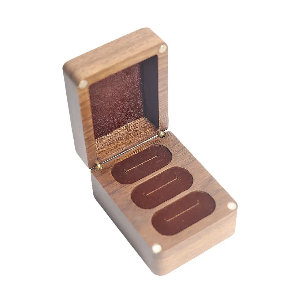 

Natural Wood Solid Jewelry Box Women 3 Slots Rings Display Luxury Black Walnut Wedding Engagement Rings Storage Mini Jewel Box