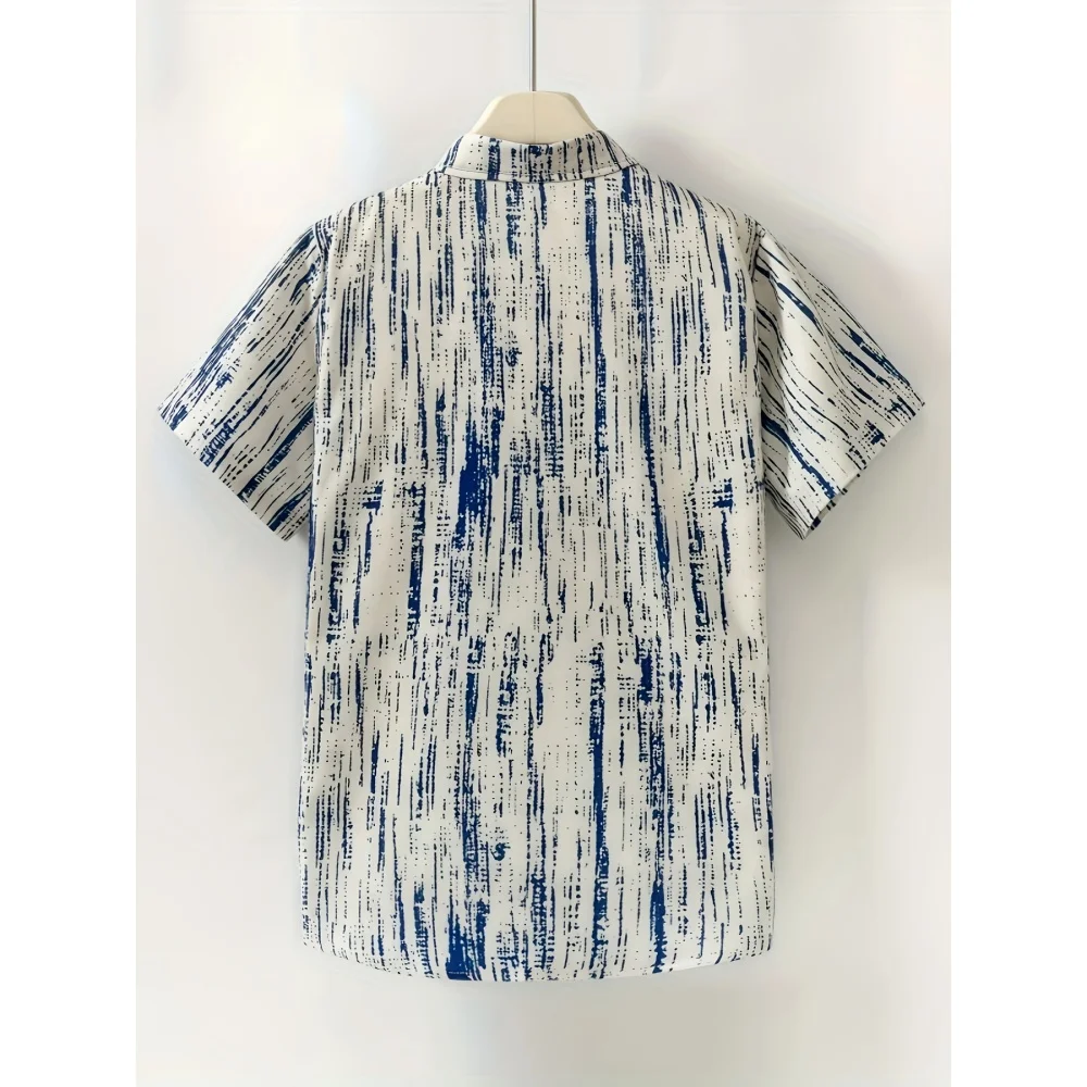 Summer Men's Retro Textured Gradient Striped Art Print Tops Fashion Casual Beach Hawaiian Turndown Shirts Men's Plus-Size Top