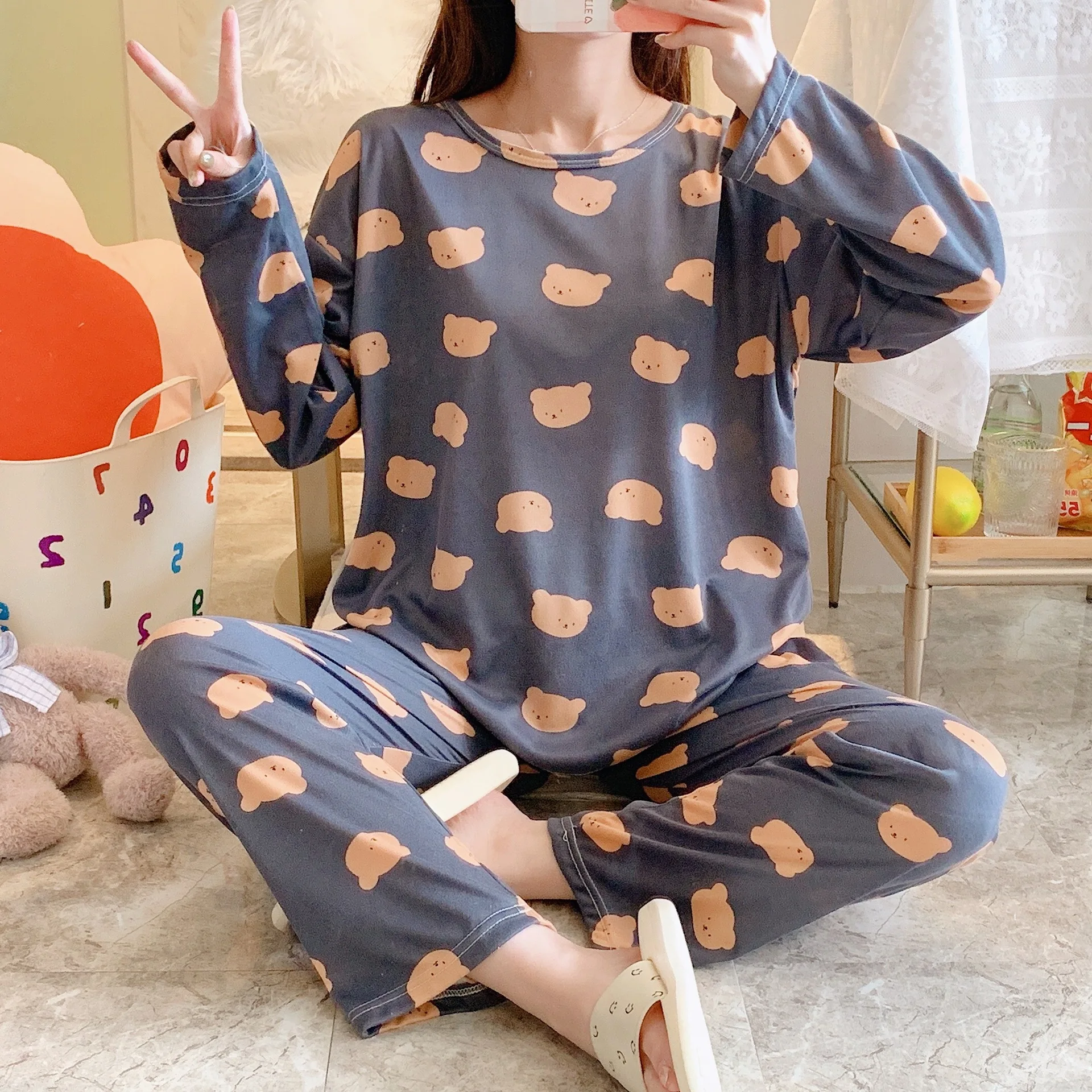 2PCS/Set Women\'s Clothes Spring and Fall Pajamas Long-Sleeved Cartoon Cute Sweet Floral Young Girl Homewear Outside Loungewear