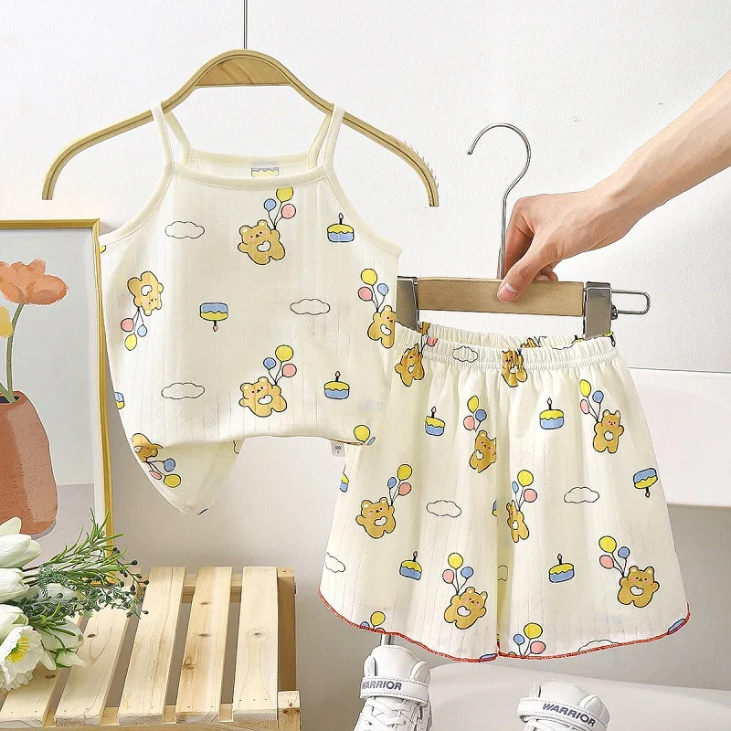 Cartoon Sling Tops Suit Summer Girl\'s All Cotton Pajamas Outfit Full Printed Home Clothes Thin Soft Vest Babies Sleep Clothing