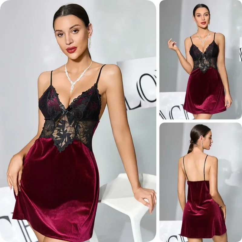 Lace V-neck Beautiful Back Short Skirt Sexy Inner Layer Sleeping Skirt Comfortable and Breathable Wine Red Velvet Halter Pajamas