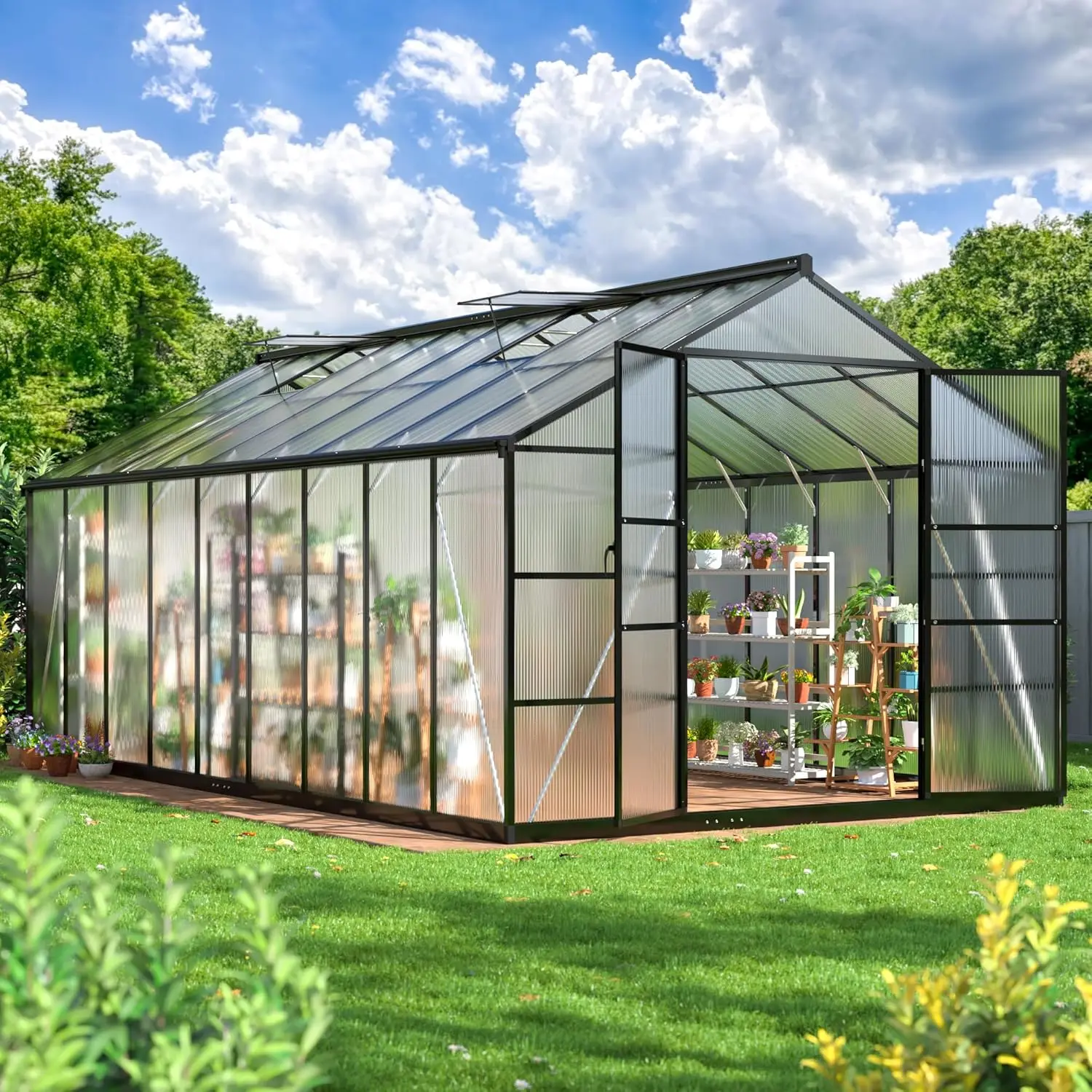 

10X18 FT Greenhouse for Outdoors with Quick Setup Structure and Roof Vent, Aluminum Large Walk-in Greenhouse for Outside Garden