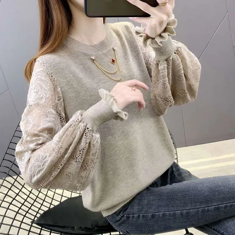 New Spring and Autumn Fashion Trend Hollow Out Embroidered Round Neck Foreigner Versatile Loose Thin Long Sleeve Knitted Sweater