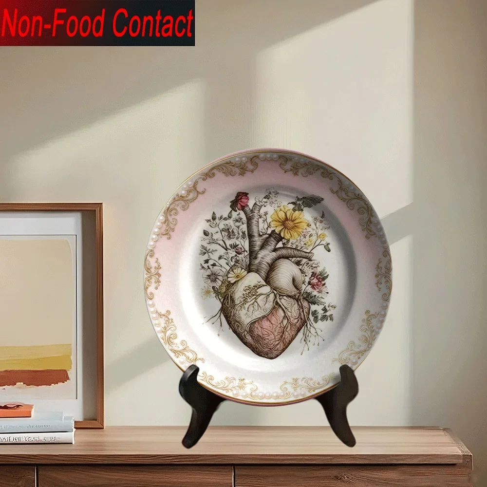 1pc Ceramic Decorative Plate - Non-Food Contact, Heart Anatomy Design with Floral Patterns, Perfect for Home, Office, or Gift,