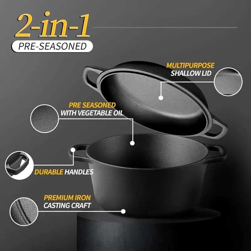 2025 2-in-1 Pre-Seasoned Cast Iron Dutch Oven Pot with Skillet Lid Cooking Pan, Frying, Baking, Camping, BBQ, 5QT