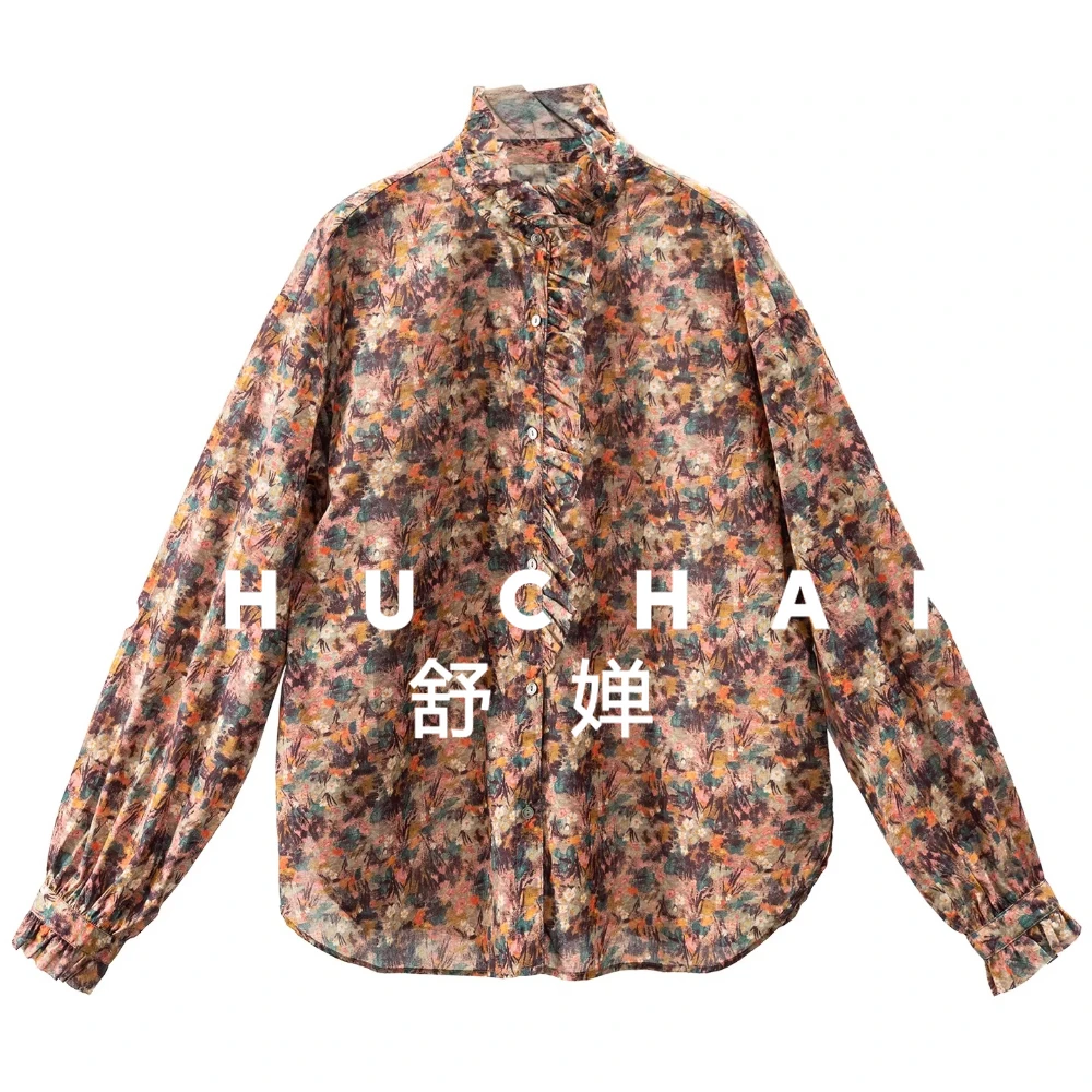 

Женская блузка с воротником-стойкой из чистого хлопка с ретро-принтом «Цветы» и волнистым краем, 07K6, Элегантные женские блузки