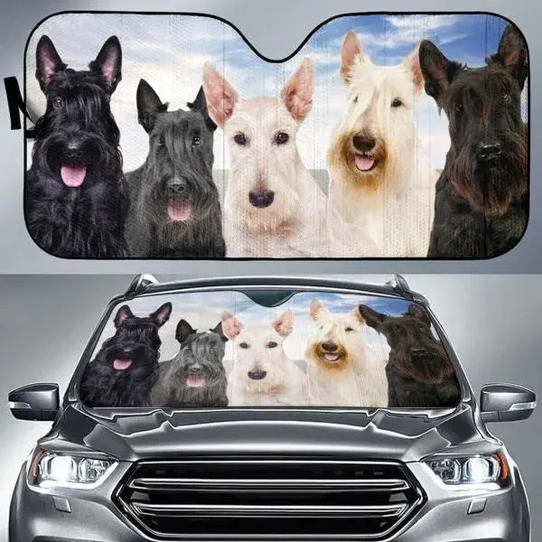 Funny Scottish Terrier Team Blue Sky Pattern Car Sunshade, Scottish Terrier Family Car Window Sun Cover for Dog Lover, Car Winds