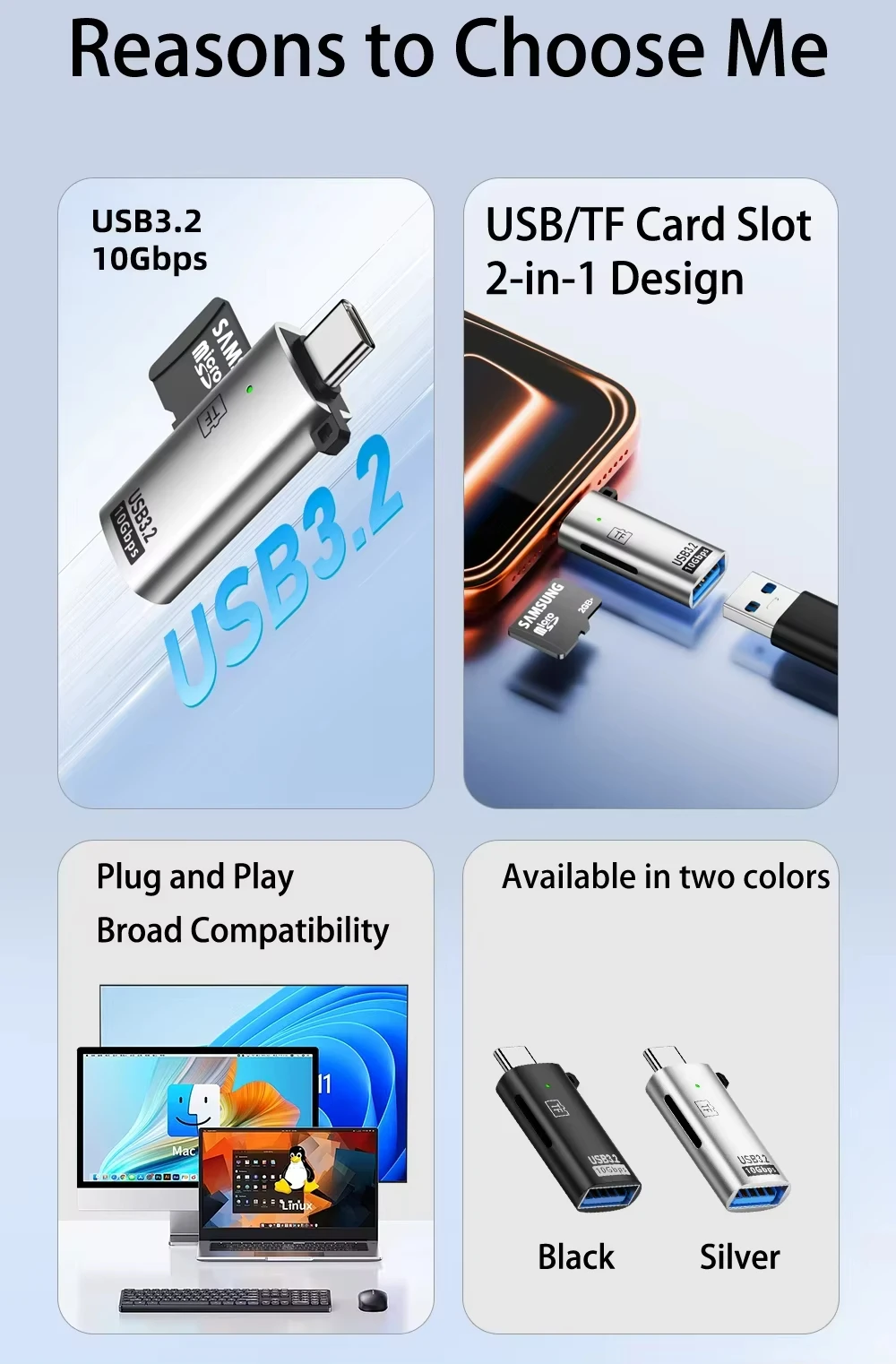 USB3.2 10Gbps Type-C Card Reader OTG Adapter 2-in-1 TF Memory Slot for Smartphone PC Mac OS