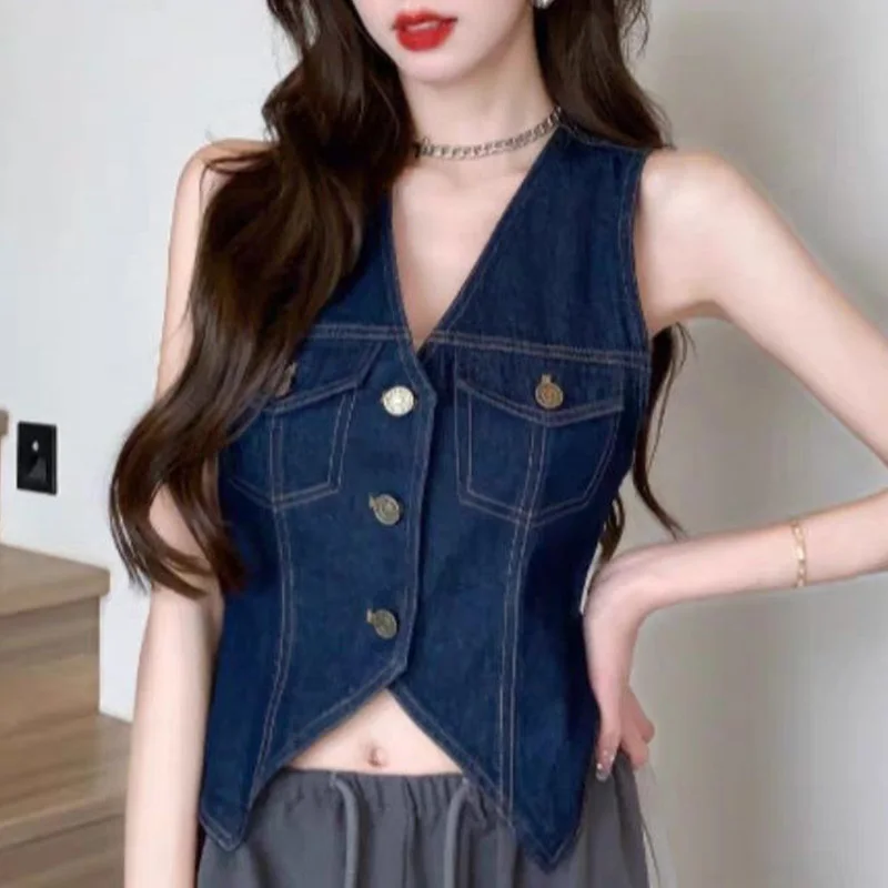 Summer Vintage Solid Color V-neck Top Tee Femme Trend Sexy All-match Sleeveless Slim Tank Top Women Clothing Casual Pocket Tops