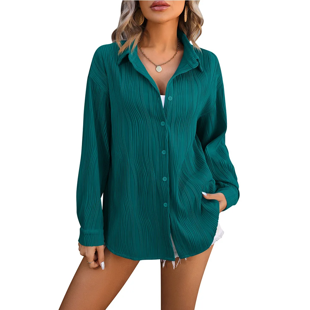 Blusa ondulada texturizada feminina, blusa de manga comprida, camiseta monocromática, camisa feminina, solta, elegante