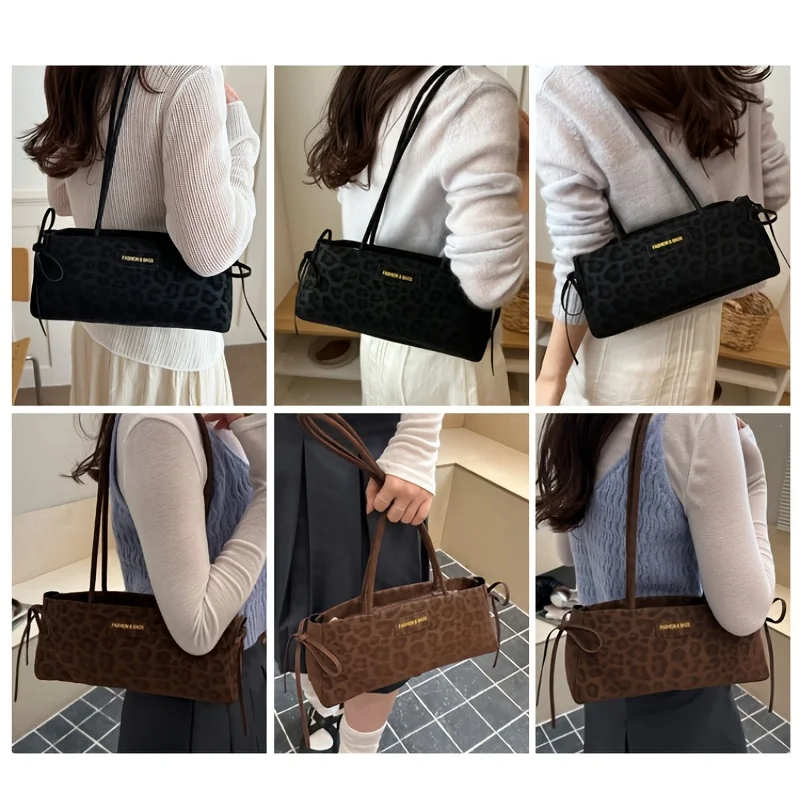 Ladies' Crossbody Bag, vintage Leopard Print Bow Shoulder Bag, Large Capacity Textured Commuting Bag image 4
