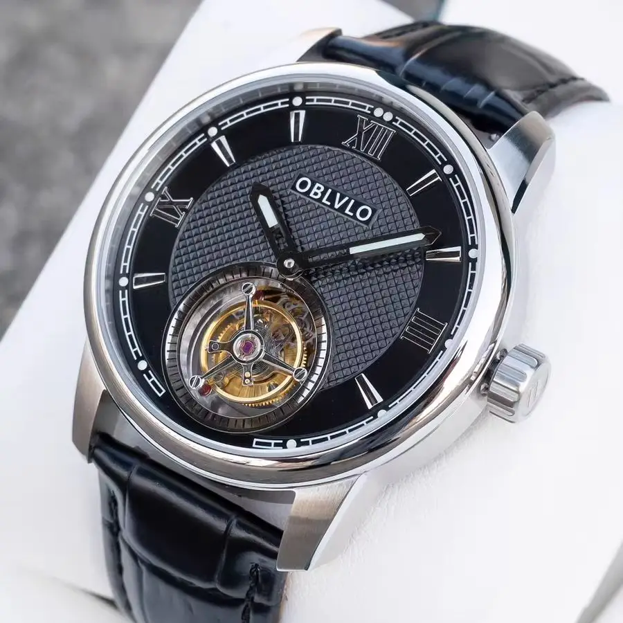 

OBLVLO Men Tourbillon Watch 42mm Automatic Mechanical Wristwatch Waterproof Sapphire Mirror Skeleton Dial
