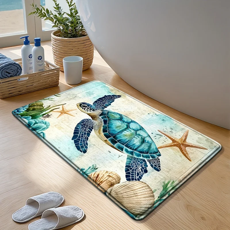 VIKAMA Vintage Watercolor Sea Turtle Bath Mat Ocean Starfish Shell Non Slip Water Absorbent Coastal Beach Bathroom Decor Rug