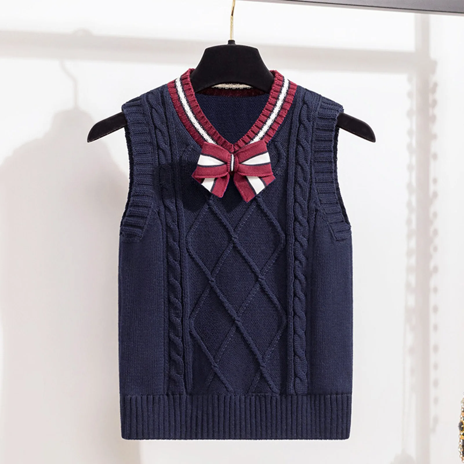 Little Girls Knitted Sweater Vest School Uniform V Neck Bow Tie Tank Top Schoolgirl Birthday Party Stage Performance Costume