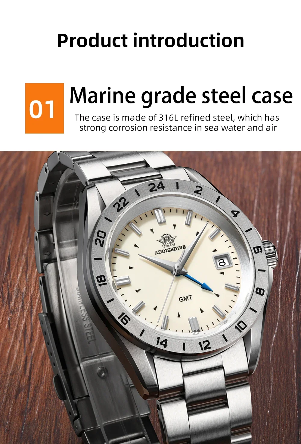ADDIESDIVE Orologio da uomo nuovo GMT 200m Diving Orologio da polso al quarzo con zaffiro Acciaio inossidabile Ronda 515-24H Movimento 38mm Orologio subacqueo