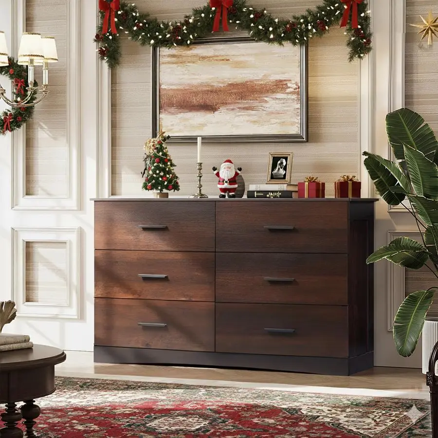 침실용 원목 서랍장, 6개의 서랍이 있는 넓은 서랍장, 대형 갈색 수납 타워 유닛, 모던 미니멀리스트 옷장