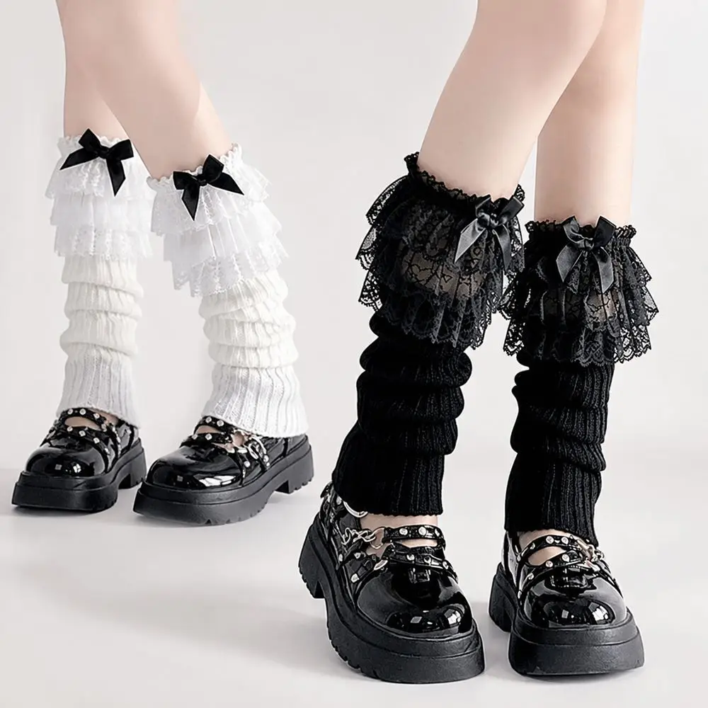 New Ruffled Bow Lace Leg Warmers Lace Trim Tiered Calf Leg Warmers Sweet Gothic Style Knitted Leg Warmers Autumn Winter Wear