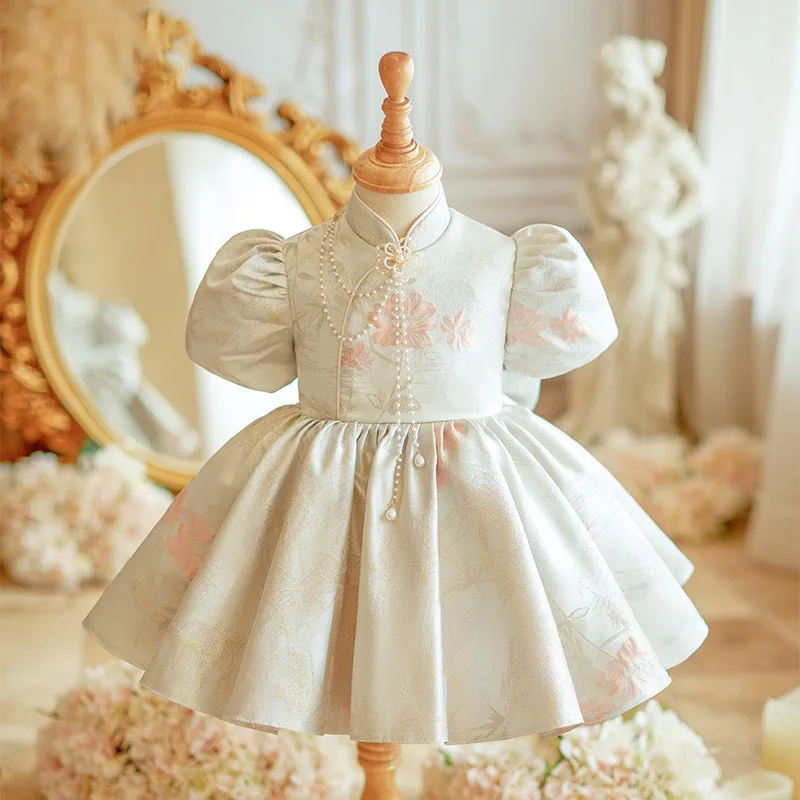 

Chinese style Girls Princess pearl Palace Dress flower girls Wedding Children Bow Wedding Gown baby Birthday Party Kids Dresses