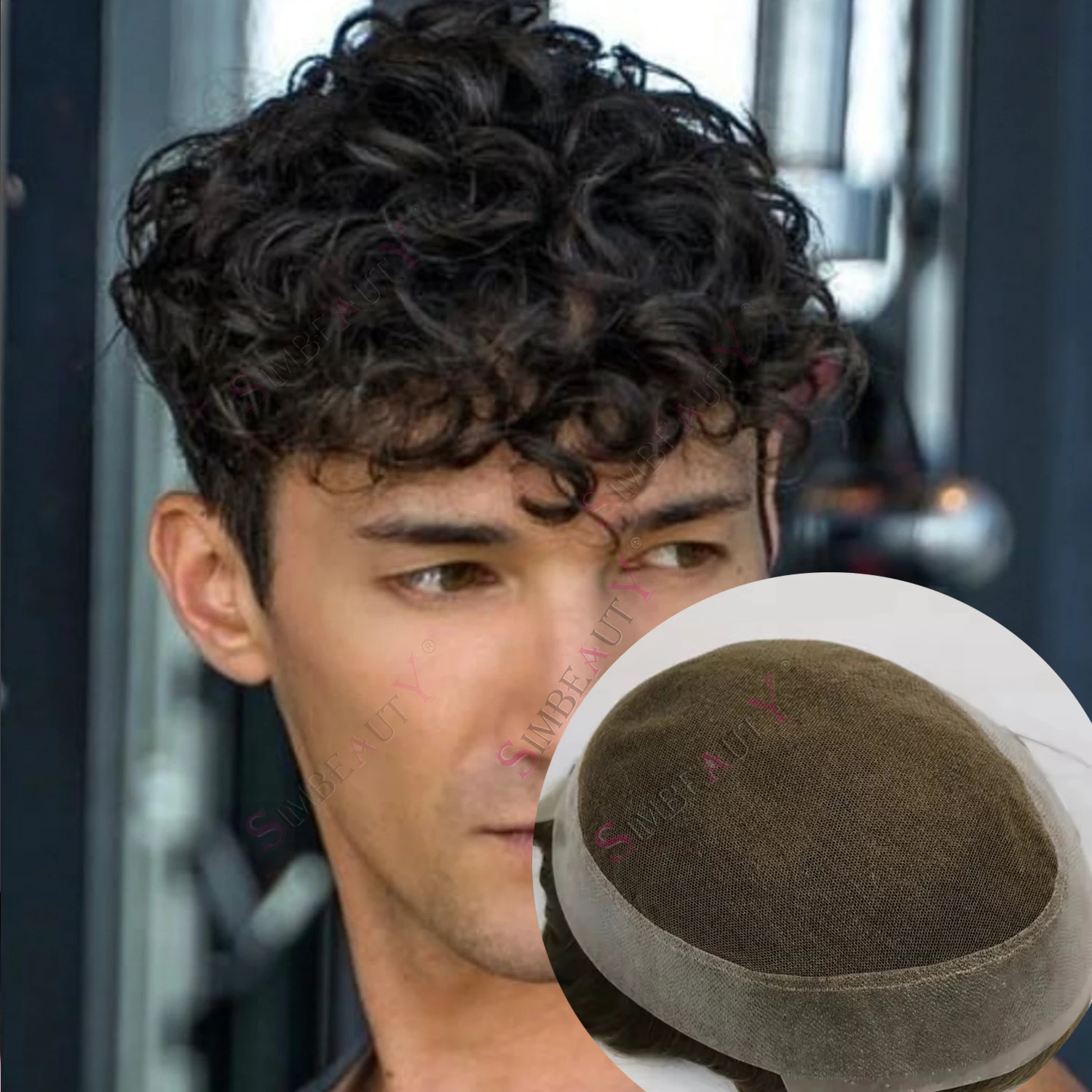 Indetectable 26mm suelto rizado hombres línea de cabello Natural transpirable Australia Francia encaje Top y PU gris negro sistemas de prótesis de cabello