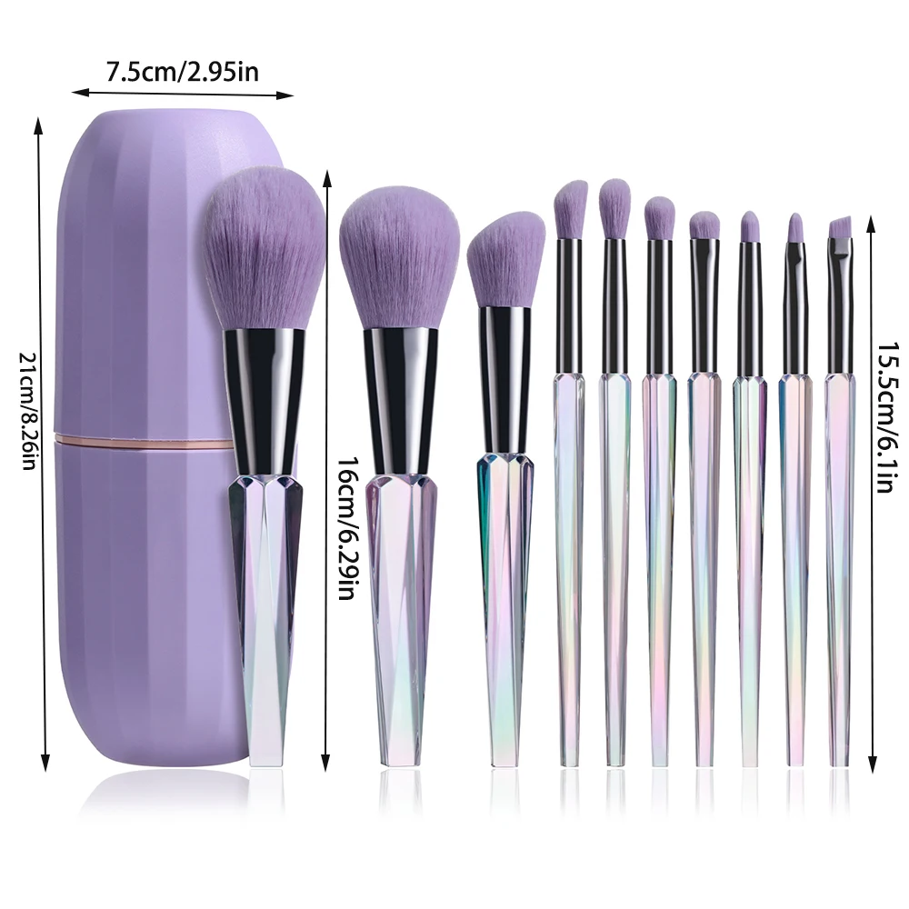 10pcsTransparent Makeup Brush Set with Purple Makeup Brush Bucket,Colorful Brush Handle Makeup Brush, Makeup Tool for Home Use