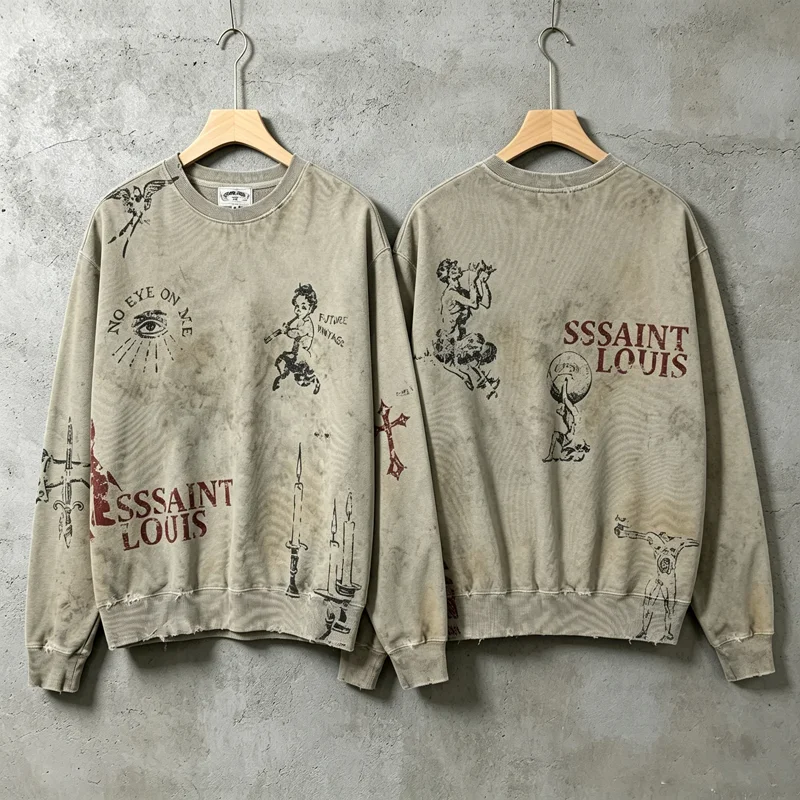 Stain SSSAINT LOUIS Splashing Ink Graffiti Graphic Sweatshirts Men Women Vintage Wash Loose Crewneck Angel Eye Pattern Pullovers