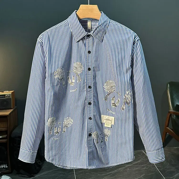 New Trendy Printed Striped Long-sleeved Shirt for Men Fashionable Casual and Versatile